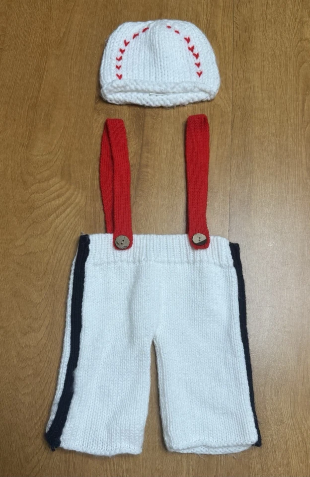 Crocheted Baby Suspenders And Hat, Baseball Theme, Mud Pie Size Newborn - Image 1 of 4