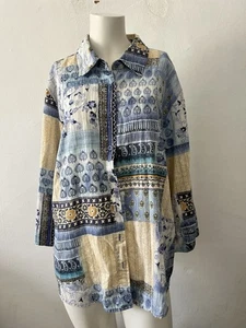 LEMON GRASS Top 1x Blue Butter Yellow Floral 100% Cotton Button Travel Blouse - Picture 1 of 6