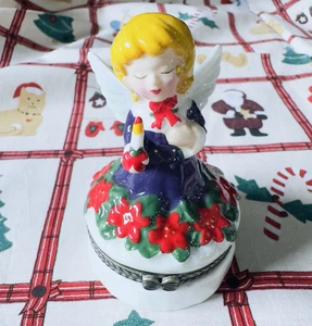 Vintage Porzellan aufklappbare Schmuckschatulle Urlaub Weihnachten Engel Karoler mit Heiligenschein innen - Bild 1 von 7