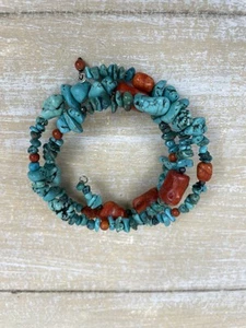 Turquoise Bead And Red Coral Coil  Bracelet - Picture 1 of 5