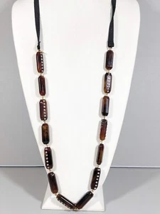 J. Crew Brown Acrylic Bar Crystal Black Ribbon Tie Long Necklace 40 inches - Picture 1 of 8