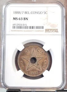 1888/7 BELGIUM CONGO 5 CENTIMES LEOPOLD II NGC 63 BN GREAT LOOKING COIN - Picture 1 of 3