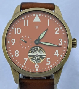 SOLID BRASS, Automatic SeaGull field watch, pilot flieger, flywheel Burnt orange - Picture 1 of 11