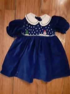 Vintage guter Krüger blau Samt gesmokter Schneemann Winterszene Puppenkleid - Bild 1 von 3