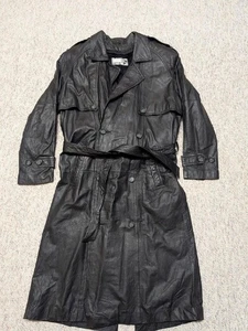 TRENCH COAT vintage cuero negro plumero chaqueta con cinturón M doble botonadura años 80 - Imagen 1 de 10