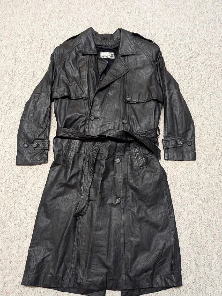 vintage TRENCH COAT black leather DUSTER belted jacket M double breasted 1980s - Image 1 of 4