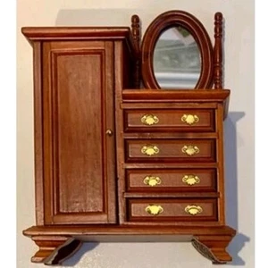 Miniature Dollhouse Tallboy with Mirror Old Oak 4 Opening Drawers 1:12th Scale  - Picture 1 of 3
