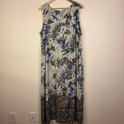 Hilo Hattie Hawaiian Floral Blue Gray Maxi Dress Size XL Vintage Beach Resort - Image 1 of 4