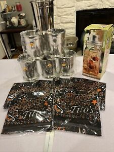 BUFFALO TRACE STAINLESS STEEL CUPS, TITOS CLOTH NAPKINS,GLASS SHAKER