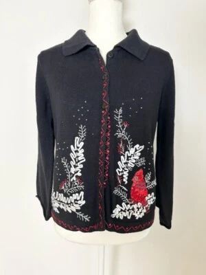 Kim Rogers Womens Knit Christas Sweater Size M Black Red Buttons Beaded Collared - Image 1 of 4