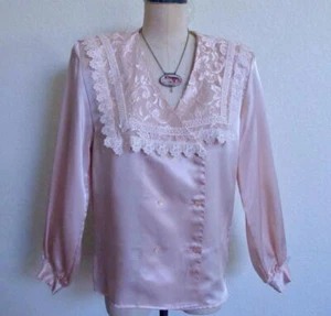 Vintage San Andre Silky Blouse 10 Pink Lace Victorian Collar Slick Shiny Satin - Picture 1 of 17