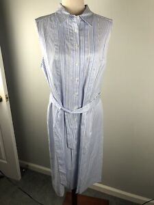 Brooks Brothers 346 Blue Stripe Shirt Dress Sleeveless Tie Belt Size 16 Cotton