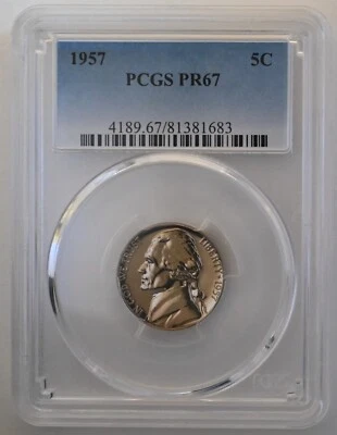 ONE OF PR67 1957 JEFFERSON NICKEL PCGS GRADED US 5C PROOF P-MINT EXACT COIN - Image 1 of 4