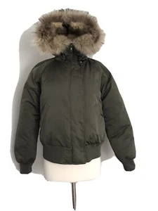 THEORY GREEN DOWN VIMALA RACCOON FUR HOOD POCKETS PUFFER JACKET SIZE L - Picture 1 of 12