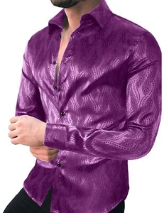 Mens Satin Dress Shirts Luxury Jacquard Long Sleeve Casual Button Down Shirts... - Picture 1 of 7