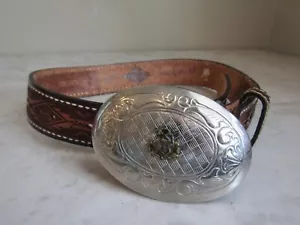 Vintage Hand Tooled Children's Leather Belt with Silver Bucking Bronco Buckle 20 - Picture 1 of 6