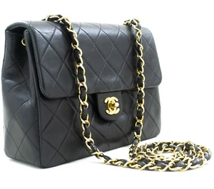 p39 CHANEL Authentic Mini Square Small Chain Shoulder Bag Crossbody Black Lamb - Picture 1 of 17