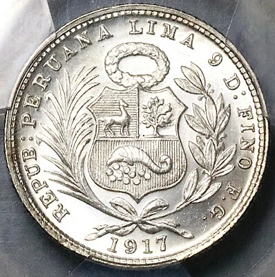1917 PCGS MS 66 Peru 1/5 Sol Seated Liberty Rare Date 20k Silver Coin (21042901D - Image 1 of 4