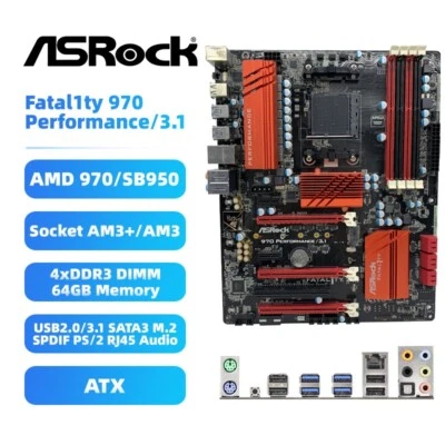 ASRock 970 Performance/3.1 Motherboard ATX AMD 970/SB950 AM3+/AM3 DDR3 SATA3 M.2 - Image 1 of 4