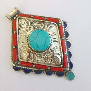 Tibetan Turquoise and coral Lapis Pendant - Nepal Amulet Jewellery Size3" P104 - Picture 1 of 7