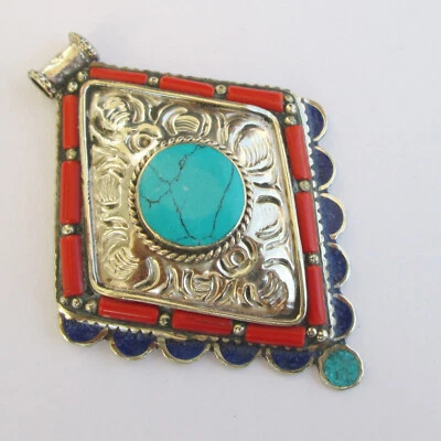 Colgante Lapislázuli Turquesa Tibetano y Coral - Nepal Amuleto Joyería Talla 3" P104 Foto 1 de 4