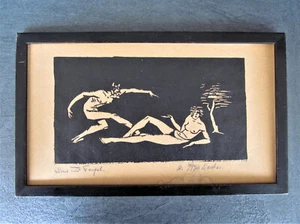 Dirne und Teufel  alter signierter erotischer Holzschnitt hinter Glas  - Bild 1 von 8