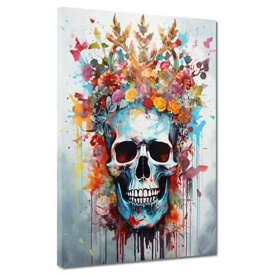 Street Art Totenkopf mit Blumen Leinwandbild Wandbild Kunstdruck XL Wanddeko - Bild 1 von 4