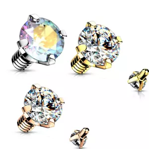 3 Pc 14G 3 Color CZ Gold Yellow Gold Prong Set Dermal Anchor Tops 4 mm  - Picture 1 of 8