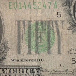 1934 Richmond Fifty Dollar Bill E01445247A C2 Back Plate 112 - Picture 1 of 11