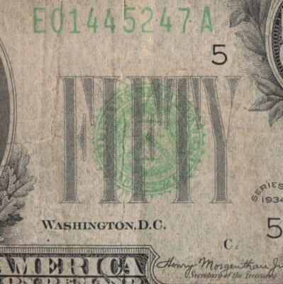 1934 Richmond Fifty Dollar Bill E01445247A C2 Back Plate 112 - Image 1 of 4