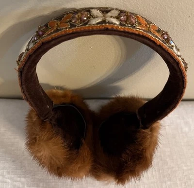 Gorgeous Vintage Brown Mink Earmuffs with Lovely Beaded Covered Black Band - Image 1 of 4