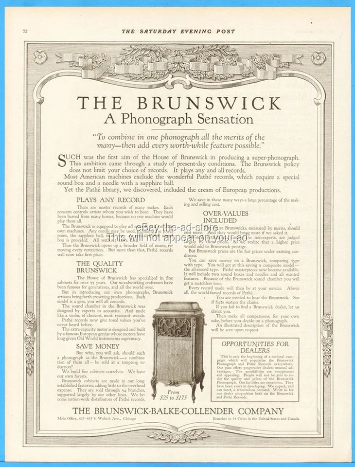 1916 Brunswick Balke Collender fonógrafo toca-discos vintage anúncio de revista - Imagem 1 de 1