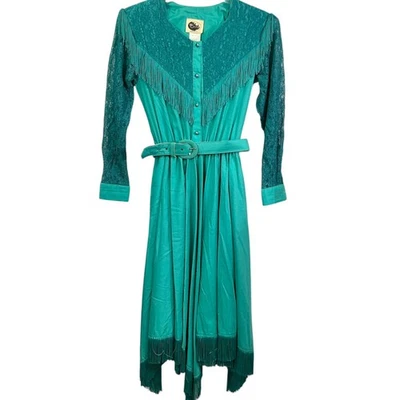 Vtg Women Western Maxi Dress Green Tassels Sz s Dance Dress Fringe Belt Costume - Image 1 of 4