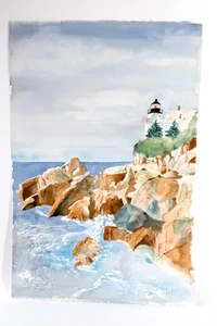 Dipinto acquerello originale nautico vintage - luce testa porto basso nel Maine - Foto 1 di 5