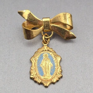 VTG Gold-Plated Virgin Mary Religious Pin Brooch 1.5" Bow w/ Medal Blue Accent - Picture 1 of 5