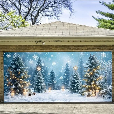 Weihnachtsbaum Schneitig Wald Garage Tür Banner Gewebe Outdoor Hintergru - Bild 1 von 4