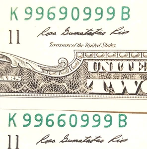 Fancy HIGH serial # 99XXXXXX FLIPPER notes = 99660999 & 99690999 series 2009 $2 - Picture 1 of 3