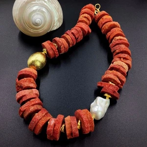 Big Red Spong Coral White Baroque Pearl Gold Tone Bead Choker Women Necklace - Picture 1 of 8