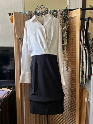 Vestido manga larga HALSTON Color Block para mujer (blanco y negro) (talla 4) Nuevo con etiquetas Foto 1 de 4