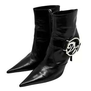 Dior Vintage Logo Halbhohe Stiefel #37,5 High Heel Gürtel Schwarz Silber Leder - Bild 1 von 12