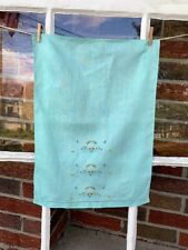 Vintage Linen Tea Towel Green with Embroidered Floral