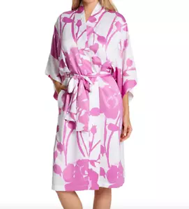 Natori Nara Robe Satin 3/4 Sleeves Self-Tie Belt Floral Pink White Medium New - Picture 1 of 8