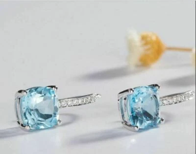 4 Ct Cushion Cut Simulated Aquamarine Wedding Hoop Earrings 14K White Gold Over - Image 1 of 4