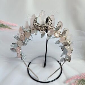 VENUS Rose Quartz Crystal Crown with Moon and Leaves Tiara Wedding Prom Goddess
