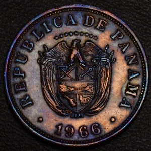 1966 Panama 5 Centesimos RARE blue and gold toning KM#23 (L21-4) - Picture 1 of 2
