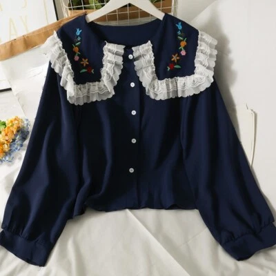 Ladies Floral Embroidery Shirt Blouse Lace Trim Ruffle Button Tops Black - Image 1 of 4