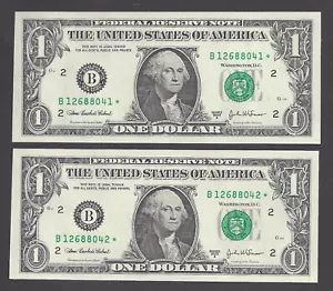 TWO $1 (ONE DOLLAR) STAR FEDERAL RESERVE NOTES, 2003A NEW YORK, UNC - Picture 1 of 2