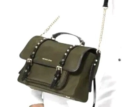 Bandolera Mensajero Michael Kors Estilo Moto Nylon Cuero Borde Solapa Verde Oliva Foto 1 de 4