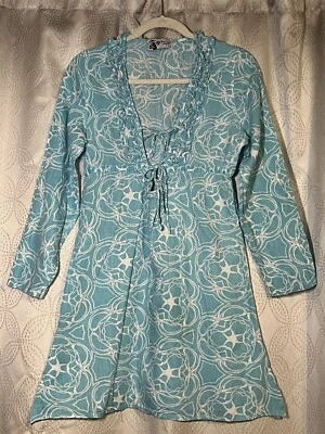 MUD PIE Bag Lady Blue Floral Linen Tunic Bathing Suit Cover-Up Dress Size: Small - Image 1 of 4
