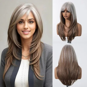 Grey White To Brown Ombre Synthetic Wig Long Straight Layered Hair Wig For Women - Picture 1 of 6